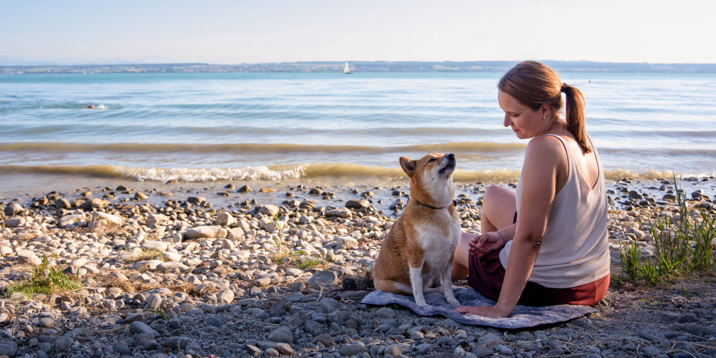 Shiba Inu Hund mit Frau auf Dog'n'Roll Reisedecke am Strand