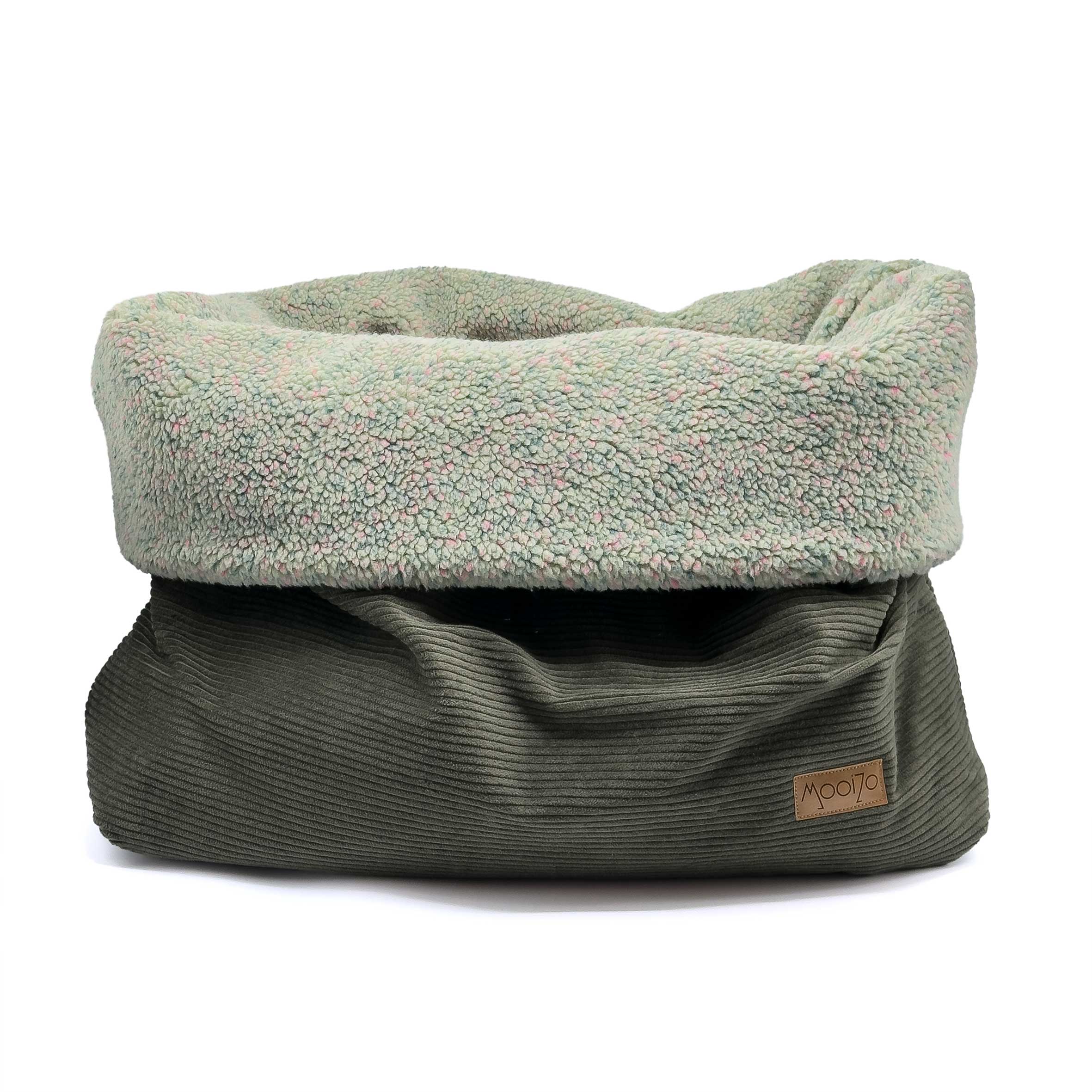 Cozy Mupfel • Hunde Kuschelsack • Breitcord Waldgrün - Teddy Frostgrün-Bunt